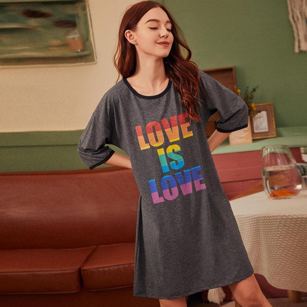 

Multi-color Letter Graphic Night Dress, Grey