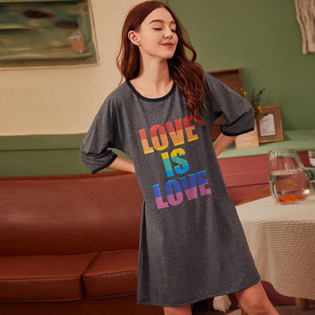 

Multi-color Letter Graphic Night Dress, Grey