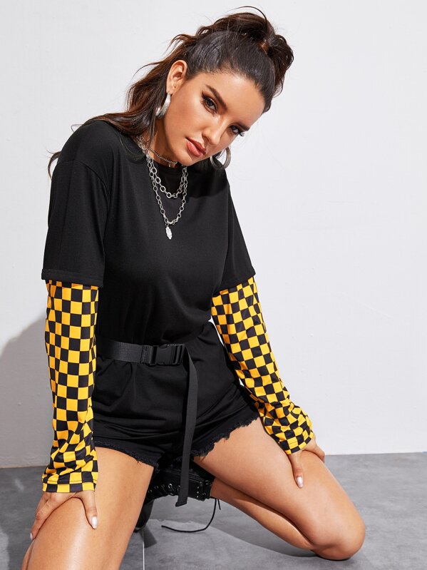 

Contrast Checker Sleeve Belted Tee, Black, Juliana