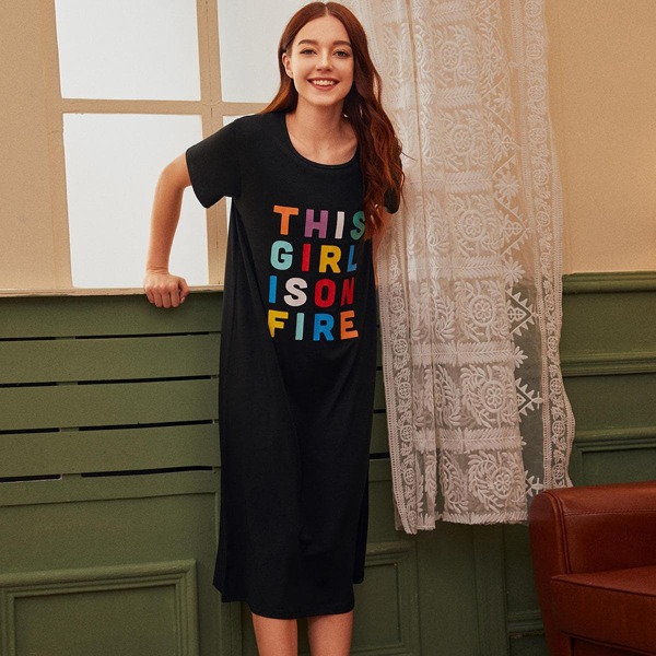 

Multi-color Letter Graphic Night Dress, Black