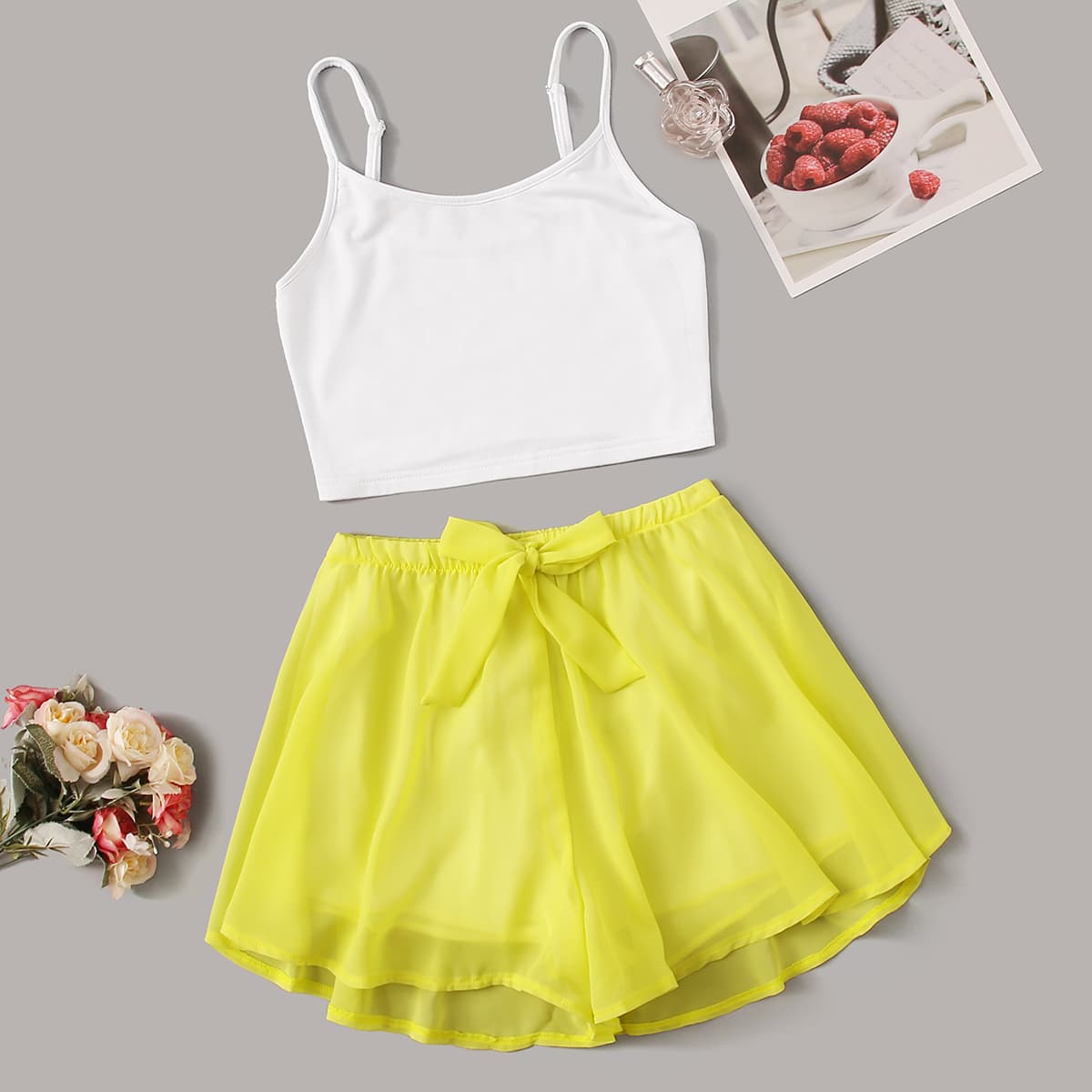 

Cami Top With Knot Front Shorts PJ Set, Multicolor