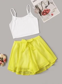 Set pigiama top con bretelle sottile e Shorts con nodo frontale - Multicolore - Visualizzare 1