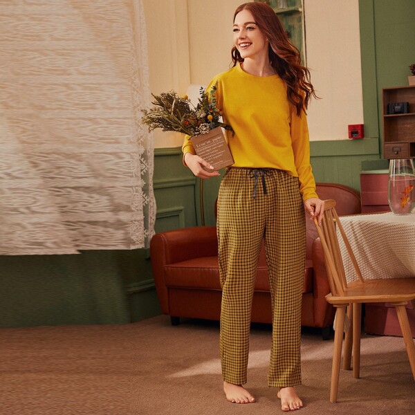 

Plaid Long Sleeve PJ Set, Mustard yellow