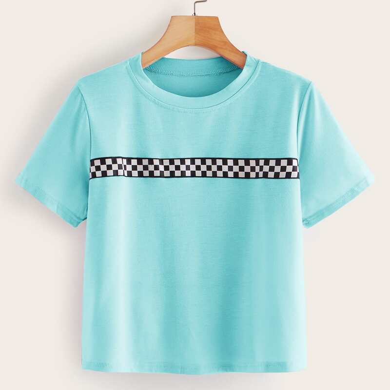 

Checkerboard Panel Short Sleeve Tee, Blue