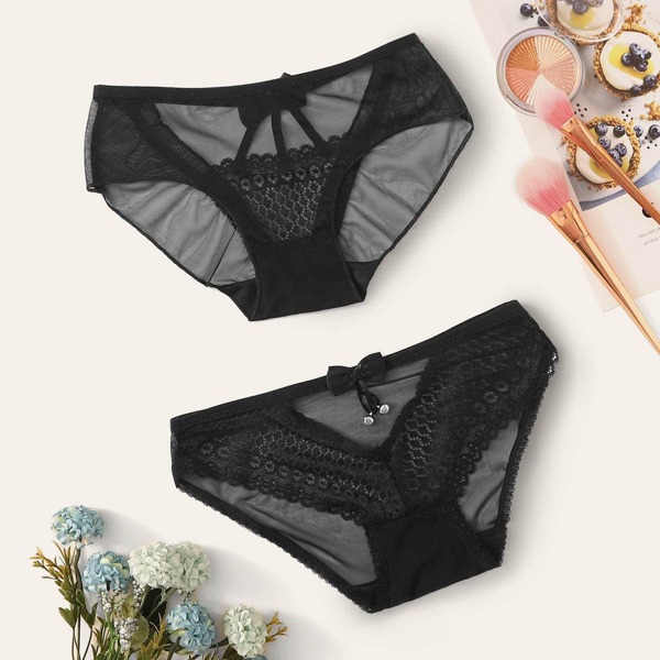 

2pack Contrast Lace Mesh Panty Set, Black