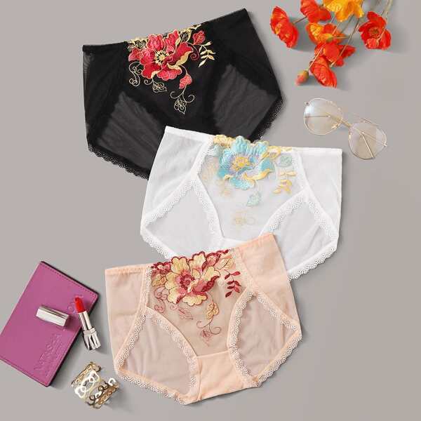 

3pack Flower Appliques Sheer Panty Set, Multicolor