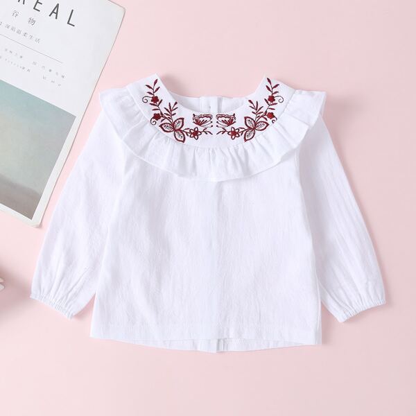 

Baby Girl Plants Embroidery Ruffle Blouse, White