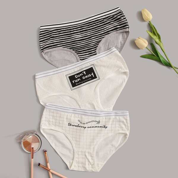 

3pack Letter Graphic Striped Panty Set, Multicolor