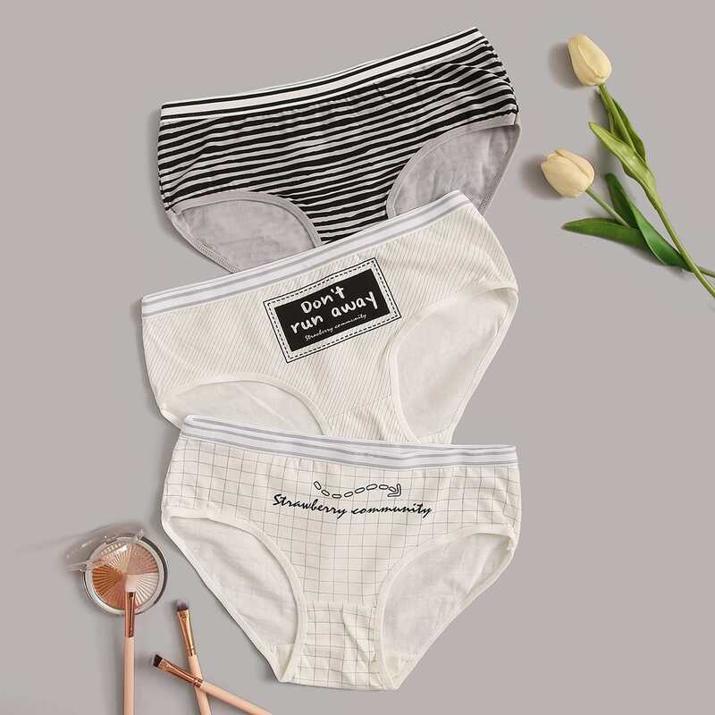 

3pack Letter Graphic Striped Panty Set, Multicolor