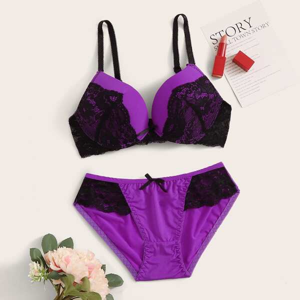 

Contrast Lace Underwire Lingerie Set, Purple