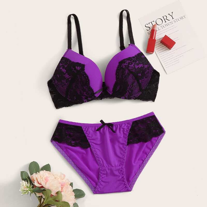 

Contrast Lace Underwire Lingerie Set, Purple