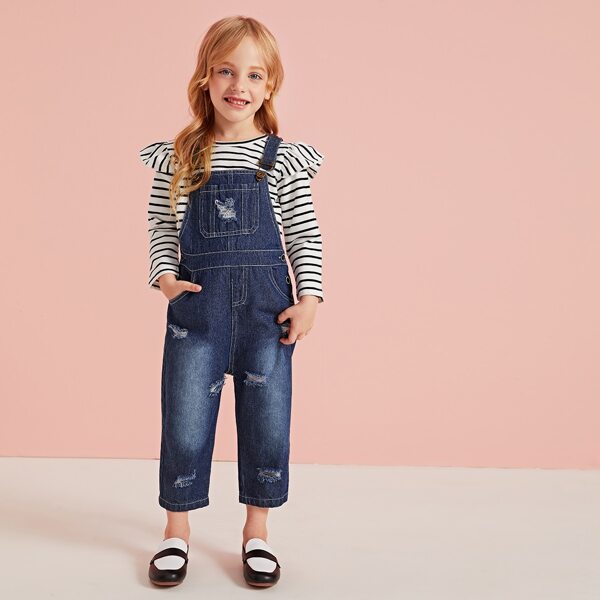 

Toddler Girls Striped Ruffle Top With Ripped Denim Overalls, Multicolor
