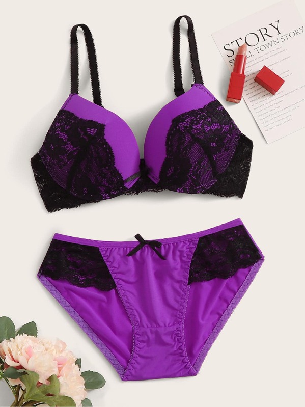 Contrast Lace Underwire Lingerie Set, Purple