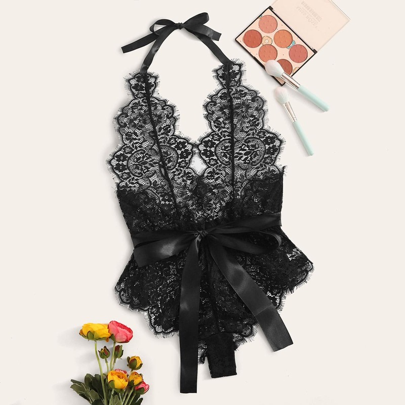 

Floral Lace Halter Teddy Bodysuit With Belt, Black