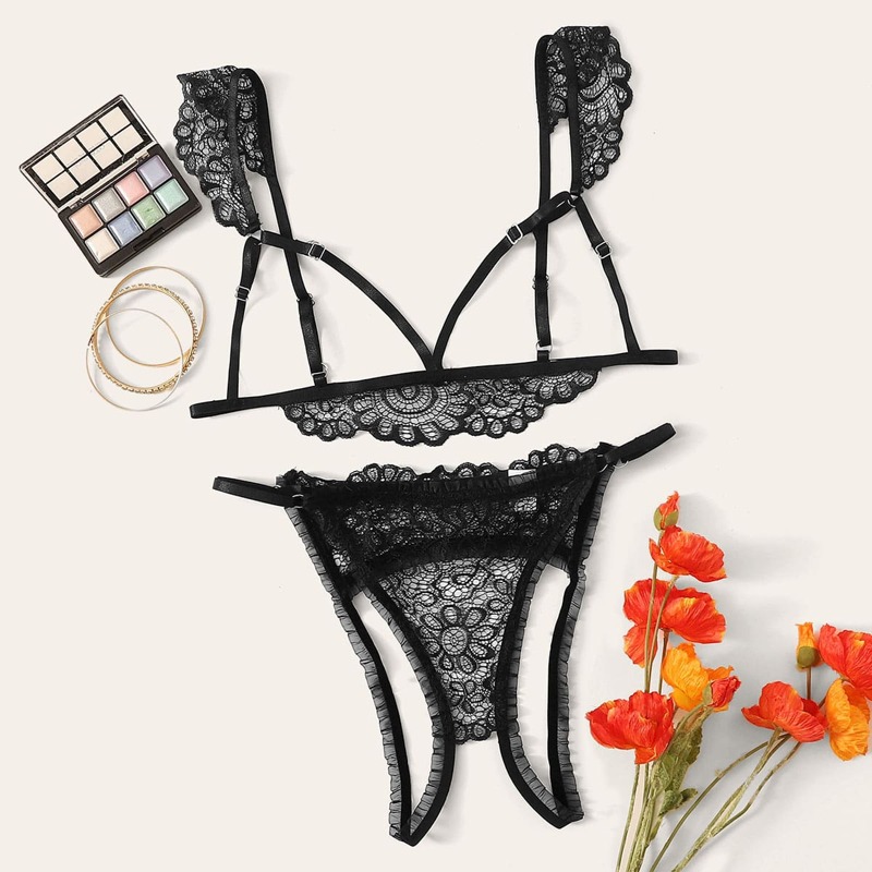 

Floral Lace Cutout Lingerie Set, Black