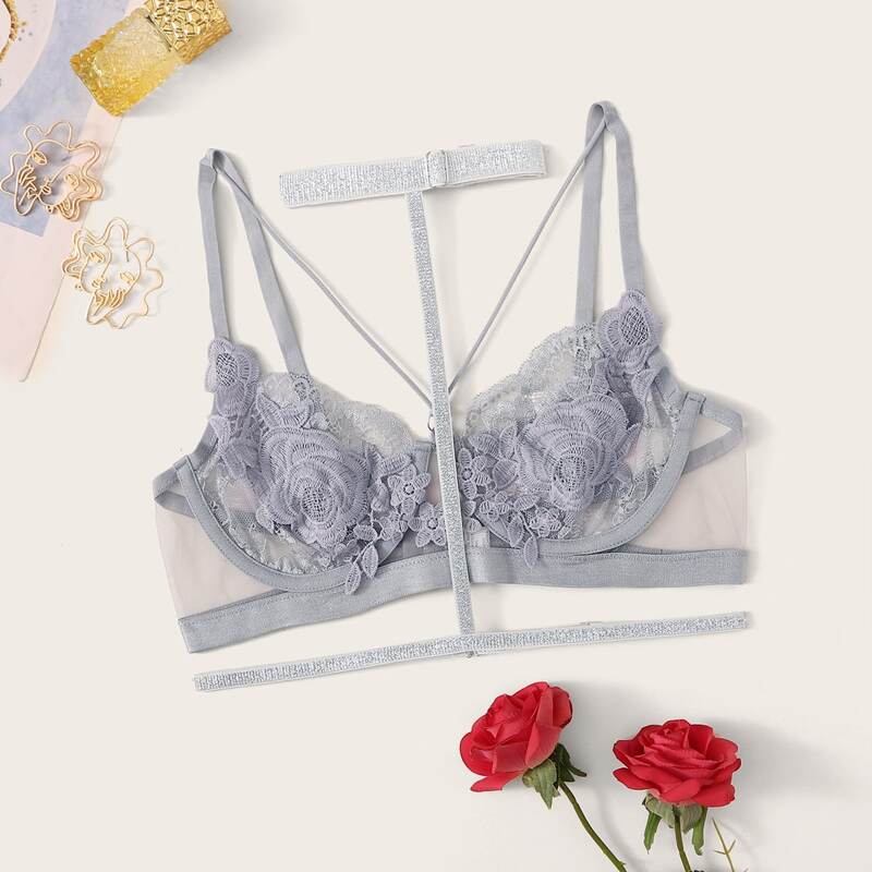 

Floral Lace Harness Underwire Bra With Choker, Grey