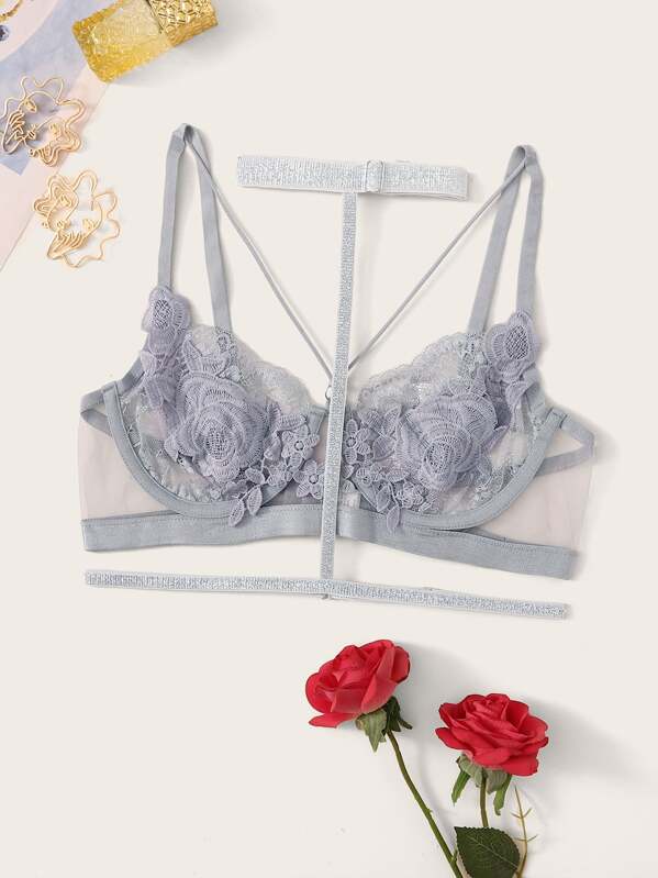 

Floral Lace Harness Underwire Bra With Choker, Grey