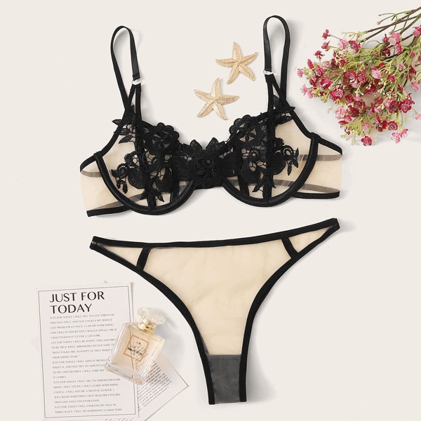 

Flower Appliques Sheer Mesh Underwire Lingerie Set, Black