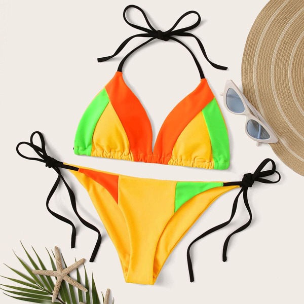 

Neon Multi-color Halter Bikini Set, Multicolor bright