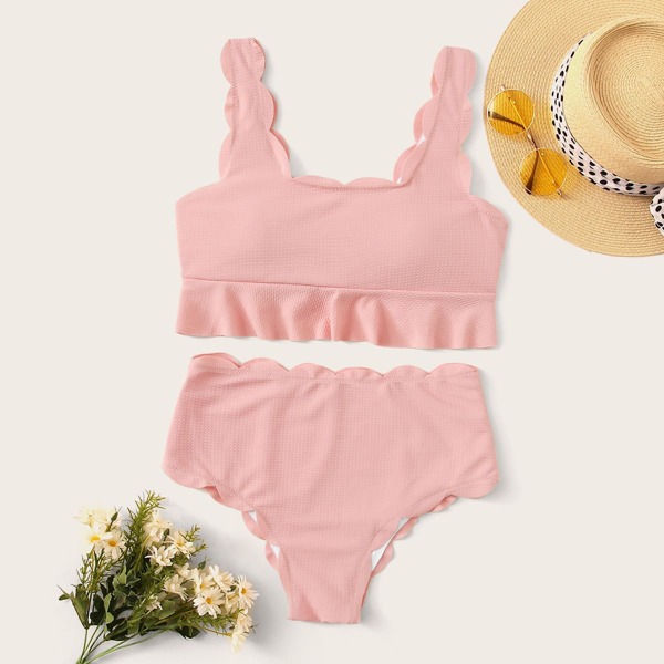 

Textured Lace Up Back Bikini Set, Pink pastel
