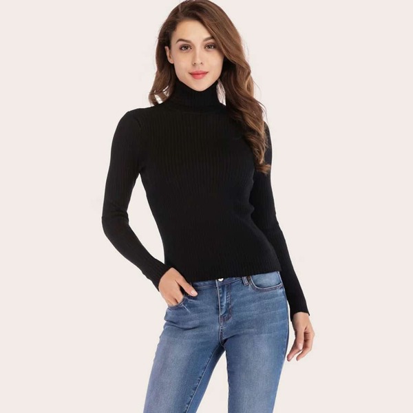 

High Neck Ribbed Knit Sweater, Black