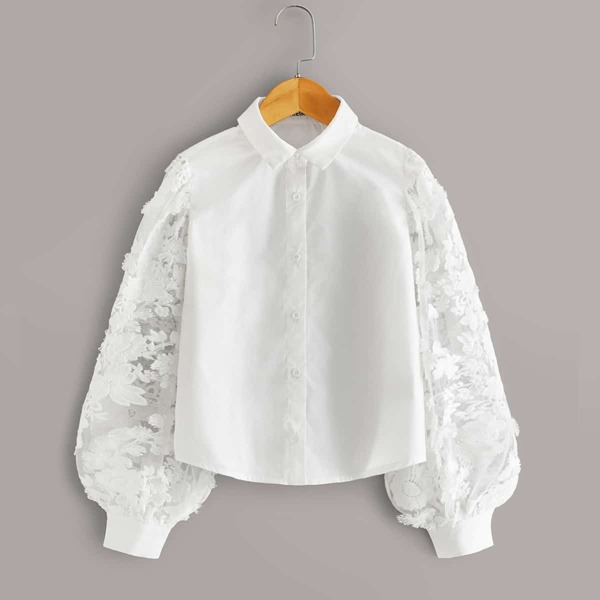 

Girls Embroidery Mesh Lantern Sleeve Blouse, White