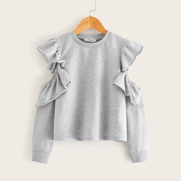 

Girls Cold Shoulder Ruffle Trim Sweatshirt, Grey