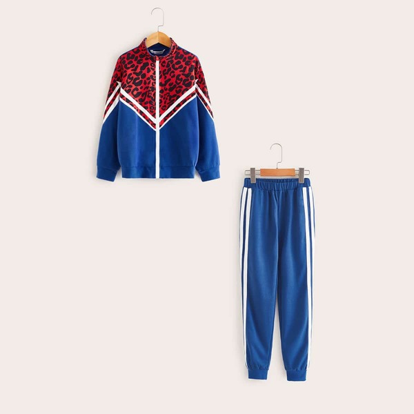 

Girls Leopard Print Colorblock Jacket & Striped Side Joggers Set, Blue
