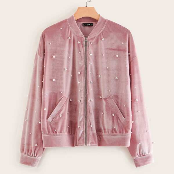 

Plus Drop Shoulder Pearls Beaded Velvet Bomber Jacket, Pink pastel