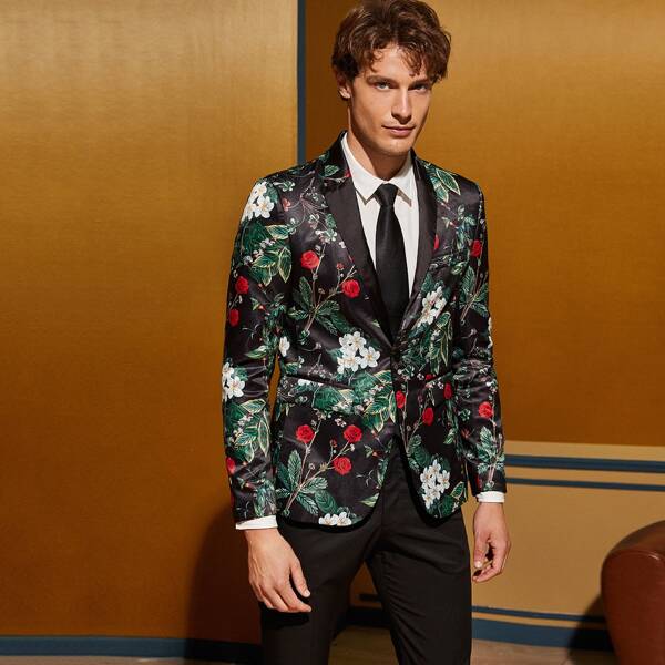

Men Botanical Print Peak Collar Single Buttoned Satin Blazer, Multicolor