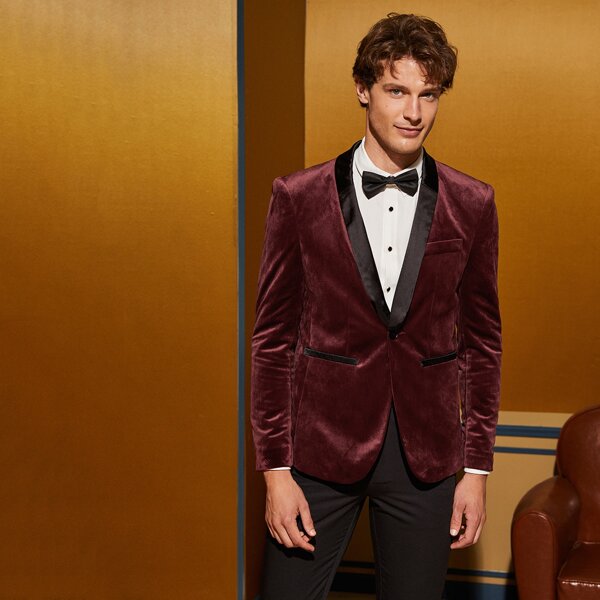 

Men Contrast Satin Shawl Collar Velvet Blazer, Burgundy