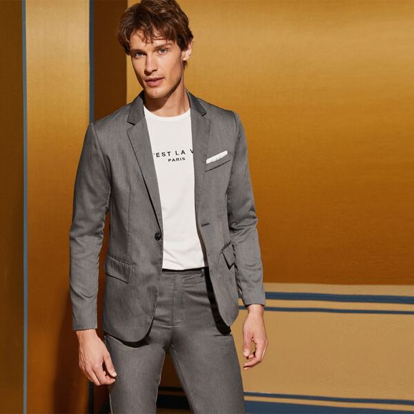 

Men Notched Collar Single Button Blazer, Grey