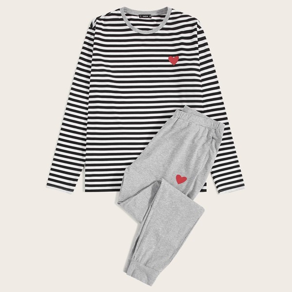 

Men Heart Print Striped Top & Pants PJ Set, Multicolor