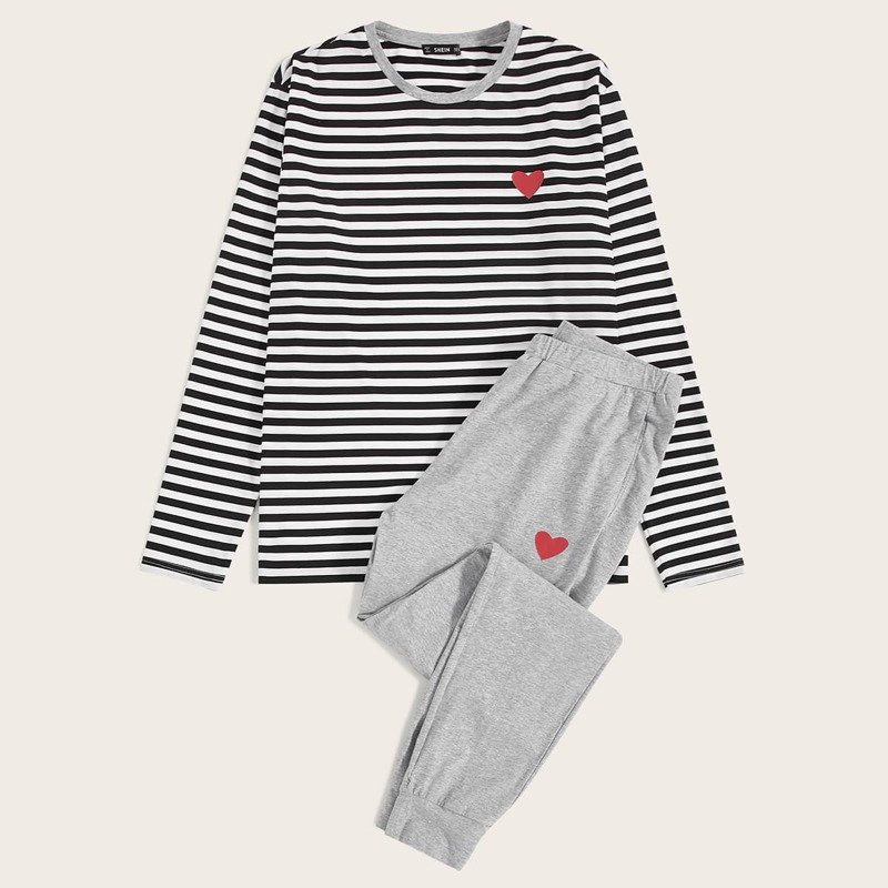 

Guys Heart Print Striped Top & Pants PJ Set, Multicolor