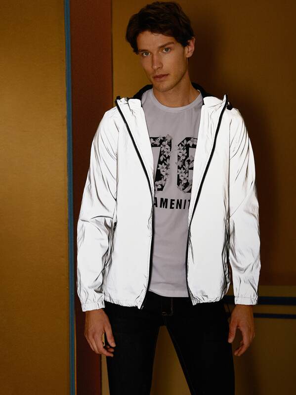 

Men Patched Detail Reflective Windbreaker Jacket, Grey, Petar