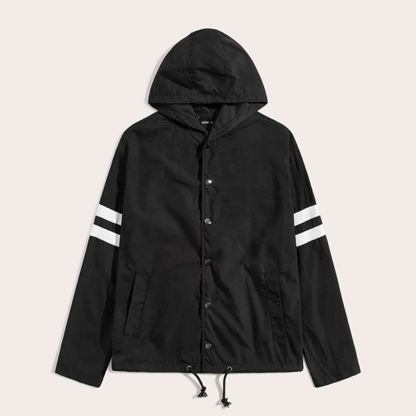 

Men Single Breasted Varsity Striped Sleeve Hoodie, Black