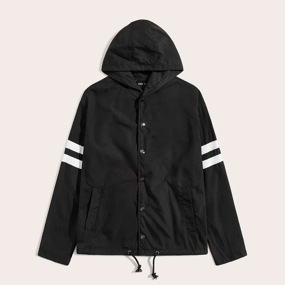 

Guys Single Breasted Varsity Striped Sleeve Hoodie, Black