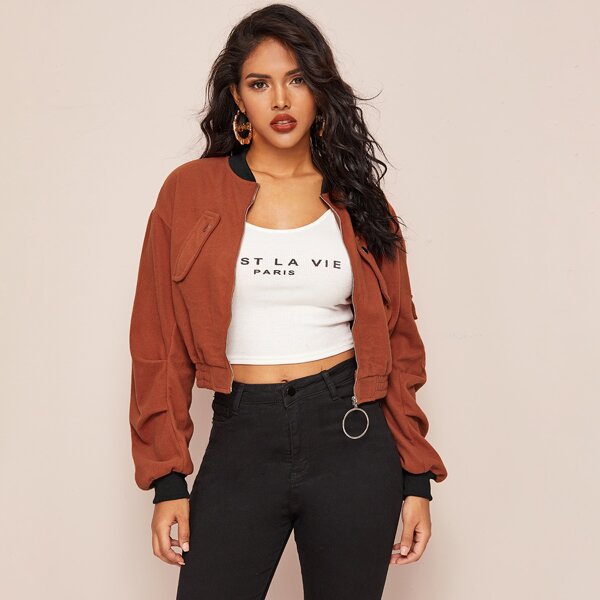 

O-ring Zip Up Crop Bomber Jacket, Brown