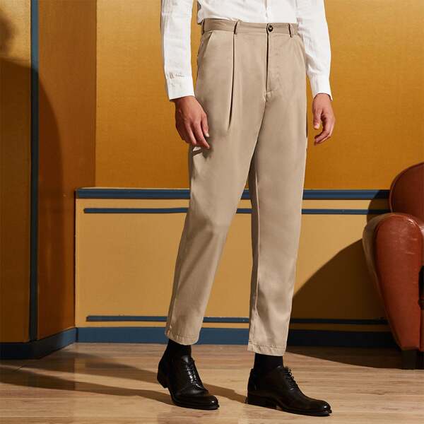 

Men Pleated Detail Slant Pocket Dress Pants, Khaki