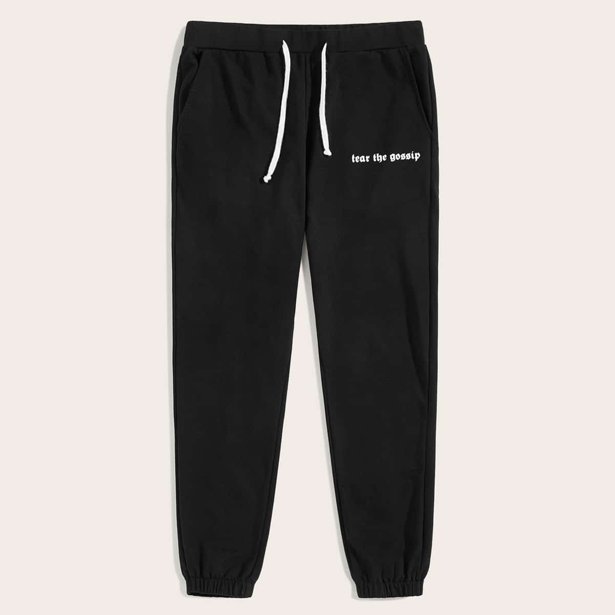 

Guys Drawstring Waist Slogan Graphic Sweatpants, Black