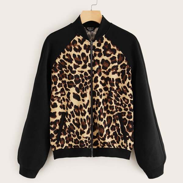 

Raglan Sleeve Leopard Print Bomber Jacket