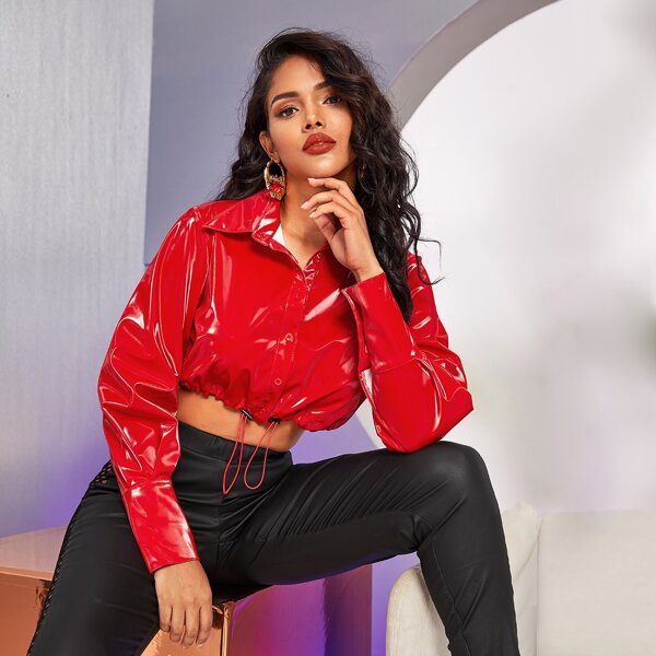 

Drawstring Hem Button Up Crop Faux Patent Jacket, Red bright