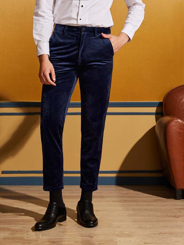 

Men Button Fly Velvet Pants, Navy, Petar