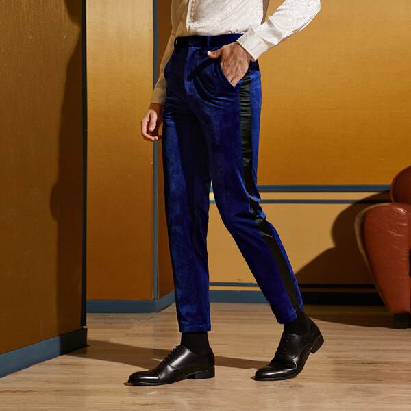 

Men Contrast Satin Side Seam Velvet Tailored Pants, Blue