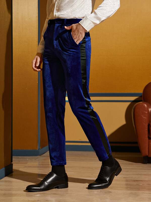 

Men Contrast Satin Side Seam Velvet Tailored Pants, Blue, Petar