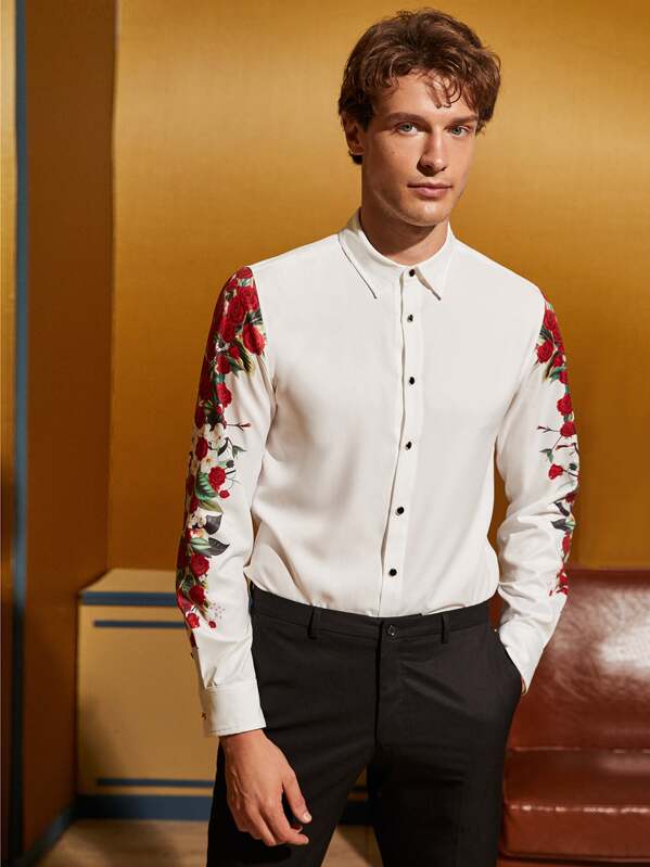 

Men Floral Print Button Front Shirt, White, Petar