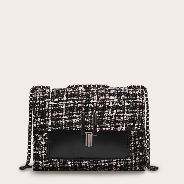 

Metal Decor Tweed Chain Crossbody Bag, Multicolor
