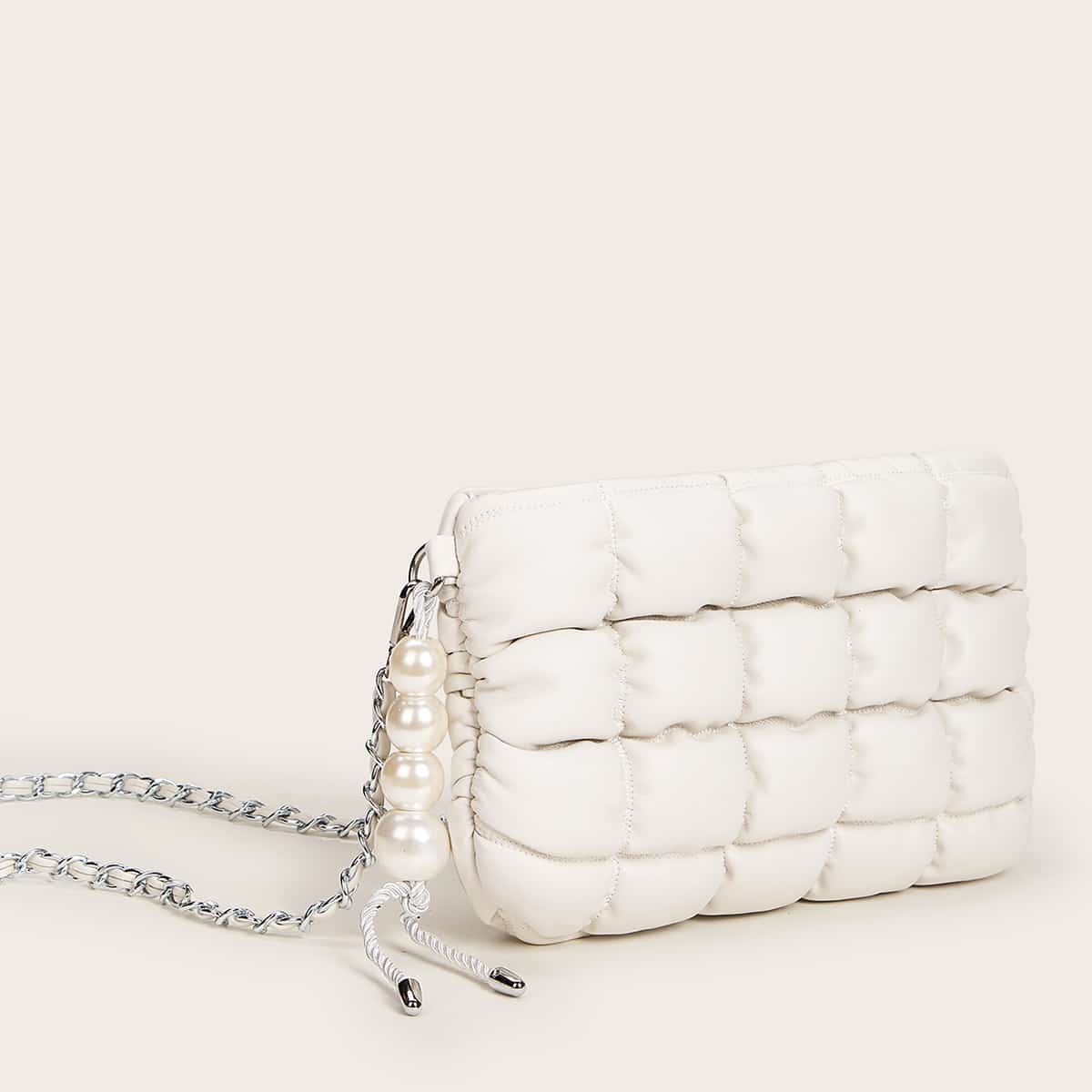 

Faux Pearl Decor Quilted Chain Crossbody Bag, White