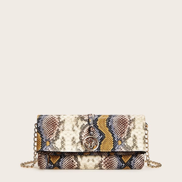

Snakeskin Print Flap Chain Crossbody Bag, Multicolor