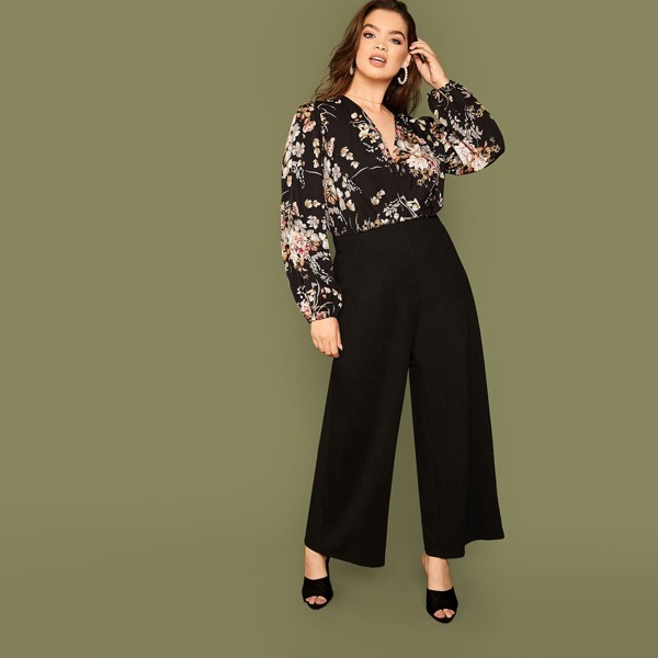 

Plus Surplice Neck Floral Print Combo Palazzo Jumpsuit, Black